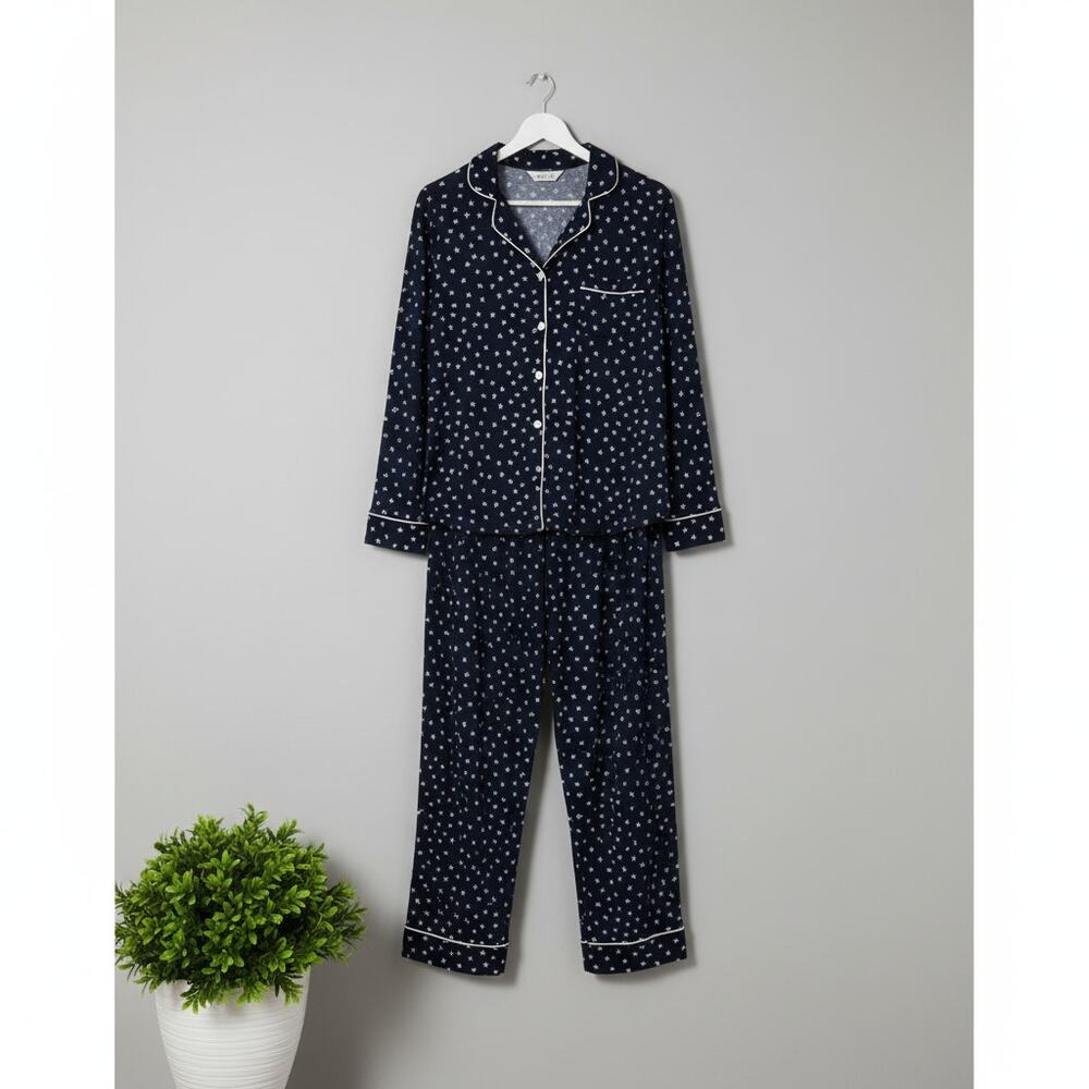 DKNY Women’s Pajama Set XXL Navy Polka Dot Notch Collar Top & Pants Sleepwear